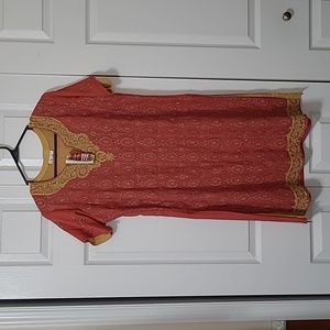 Coral & Gold Ceremonial Embroidered Dress Handmade in India, Size XL, NEW w/Tag